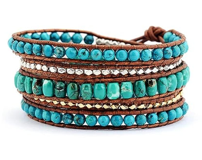 Boho Wrap Bead Bracelet for Women - Handmade Adjustable Natural Stone Beaded Bracelets Yoga Healing Bracelet Bangle Hippie Jewelry - color: Turquoise #2