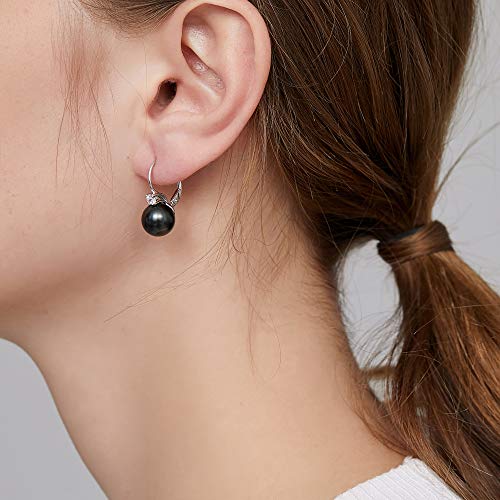 Pearl Earrings for Women Pearl Leverback Earrings 925 Sterling Silver - color: A2-zirconia-black pearl