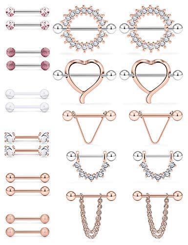 SCERRING 14G Nipple Rings Stainless Steel Nipplerings CZ Heart Tongue Shield Barbell Rings Retainer Body Piercing Jewelry for Women 9/16Inch 11 Pairs - color: 11 Pairs - Rose Gold