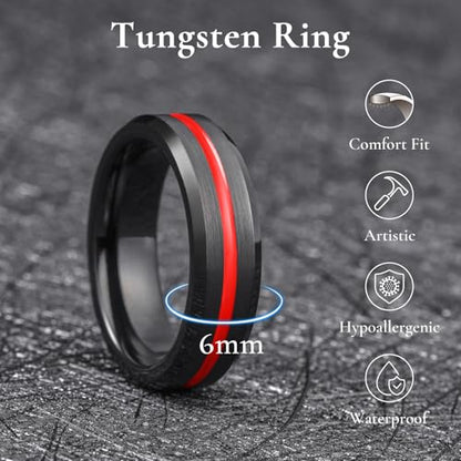 King Will Mens Tungsten Rings for Men Two Tone Grooved Mens Wedding Band Cool - color: Black & Red 6mm