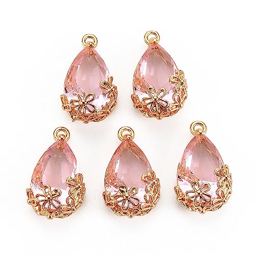 FASHEWELRY 50Pcs Faceted Teardrop Glass Charms Transparent Crystal Drop Pendants with Light Gold Brass Flower Setting for DIY Bracelet Necklace Earring Jewelry Craft Making - color: Pink