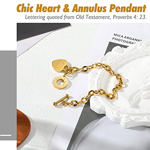 Emibele Heart Charm Bracelet for Women, Bible Verse Bracelet Stainless Steel 18K Gold Plated Bracelet Love Pendant Link Chain OT Clasp, Birthday Christmas Jewelry Gift for Mother Her - color: 18K Gold Plated