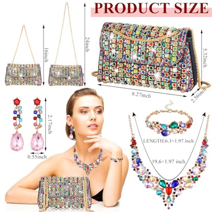 Quelay 4 Pcs Purse Rhinestone Jewelry Set Women | Wedding Bridal Prom Jewelry Sparkly Clutch Handbag with Necklace Bracelet Dangle Earrings Shiny Costume Kit - color: Multicolor, style: Classic