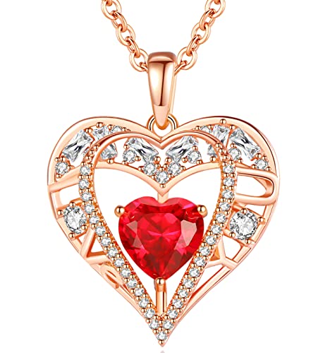 5 Heart I Love You Necklace for Women, Birthstone Crystal Pendant, Birthday Gift for Her, Wife, Mom, Rose Gold or Gunmetal Plated, 925 Sterling Silver Chain 18"+2" - color: 01-January & July-Ruby Red-Rose Gold Plated