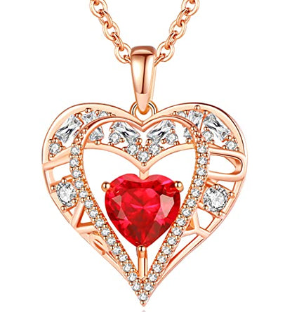5 Heart I Love You Necklace for Women, Birthstone Crystal Pendant, Birthday Gift for Her, Wife, Mom, Rose Gold or Gunmetal Plated, 925 Sterling Silver Chain 18"+2" - color: 01-January & July-Ruby Red-Rose Gold Plated