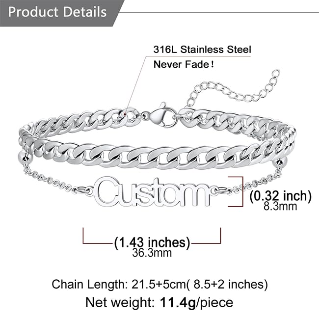 U7 Custom Layered Ankle Bracelets for Women Stainless Steel Bead/Cuban/Figaro/Rope/Wheat Chain Anklet Waterproof Anklet Jewelry for Beach Vacation - color: b-Silver-Cuban Chain