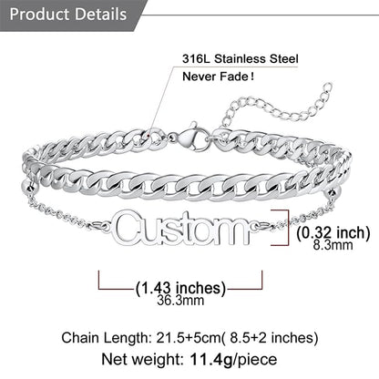U7 Custom Layered Ankle Bracelets for Women Stainless Steel Bead/Cuban/Figaro/Rope/Wheat Chain Anklet Waterproof Anklet Jewelry for Beach Vacation - color: b-Silver-Cuban Chain