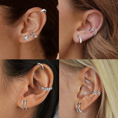 9Pcs Ear Cuff 14K Gold Plated Cuff Earrings Gold Ear Cuffs Non Pierced | Fake Conch Cartilage Earrings Ear-Clips Minimalist Non Piercing Delicate Clip-on Ear Cuffs Stackable Set - style: B-12pcs-Silver