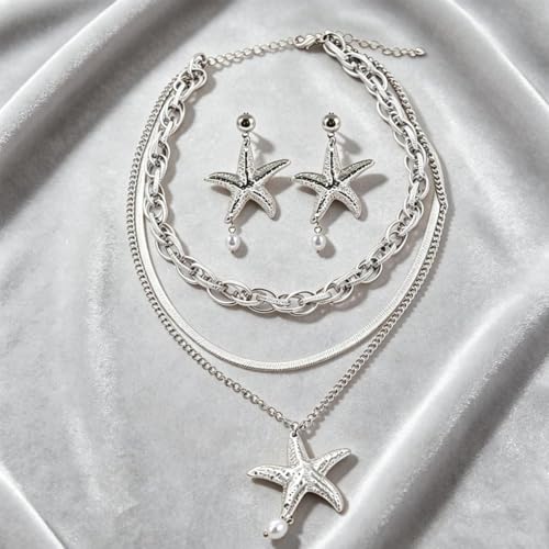 Gold Layered Stackable Starfish Earrings Necklace Sets for Women,Boho Faux Pearl Earrings Chunky Herringbone Pendant Necklace Ocean Matching Jewelry Gifts - color: Silver