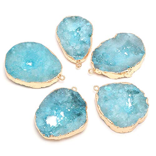 LE SKY natural stone pendant, irregular plated gold edge crystal agate stone pendant for jewelry making DIY necklace charms 25X30-35X45mm (2 Pcs) - color: blue