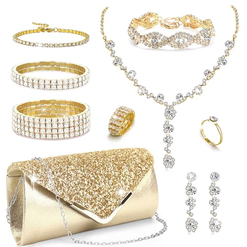 MEDOJO 10Pcs Silvery Rhinestone Jewelry Set for Women Bride Wedding Prom Jewelry Evening Rhinestone Sparkly Clutch Purse Bag Necklace Tennise Layered Bracelets CZ Ring Crystal Drop Earring Set Silvery Shiny Costume Kit - color: Golden