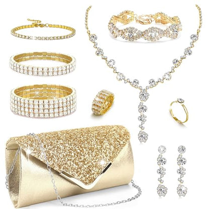 MEDOJO 10Pcs Silvery Rhinestone Jewelry Set for Women Bride Wedding Prom Jewelry Evening Rhinestone Sparkly Clutch Purse Bag Necklace Tennise Layered Bracelets CZ Ring Crystal Drop Earring Set Silvery Shiny Costume Kit - color: Golden