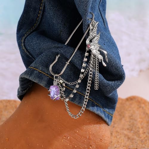 2 Pcs Chain Tassel Brooch Pins Set for Women Rhinestone Heart Flower Star Long Chain Bling Crystal Pearl Sweater Shawl Clips Punk Collar Chain Brooch Costume Jewelry - style: Style B
