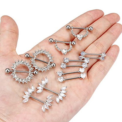 Lcolyoli 14G Surgical Steel Nipple Rings for Women Nipple Shield Barbell Ring Bar Nipple Piercing Jewelry Clear Diamond CZ Set - color: 14g-6 pairs-silvertone