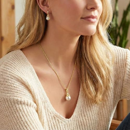 Mariell Pearl Drop Bridal Necklace Earrings Set with CZ Crystals for Bride, Bridesmaid, Birthday Gift - color: Gold Necklace Earrings Set