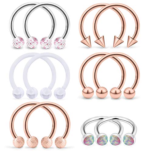 SCERRING 6 Pairs 16G Stainless Steel Horseshoe Septum Ring Nose Rings Hoop Helix Daith Cartilage Tragus Earrings Lip Body Piercing Jewelry Opal 8mm 10mm - color: 8mm - Rose Gold