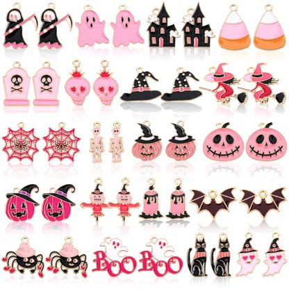 40 Pcs/20 Pairs Pink Halloween Charms for Jewelry Making | Assorted Enamel Halloween Pendants, Pumpkin Ghost Skull Witch Charm, Bracelet Necklace Earring Crafting, DIY Gift Accessories - style: Pink Halloween
