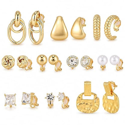 Mikovivi 10 Pairs Gold-Tone Clip On Earrings for Women, Non Pierced No Piercing Ear Clips with Knot CZ & Pearl Twist Design Chunky Hoop Studs Clip Earrings for Women Daily Work or Party Jewelry Gift