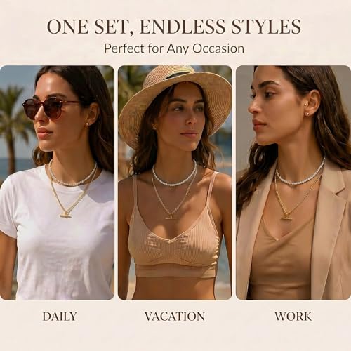 Layered Necklaces for Women Pearl Necklace Stack Gold T Bar Necklace Set Dainty Heart Pendant Jewelry Trendy 2026 Fashion Accessories Gifts - color: B5:2pcs-tennis-gold