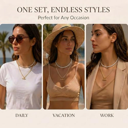 Layered Necklaces for Women Pearl Necklace Stack Gold T Bar Necklace Set Dainty Heart Pendant Jewelry Trendy 2026 Fashion Accessories Gifts - color: B5:2pcs-tennis-gold