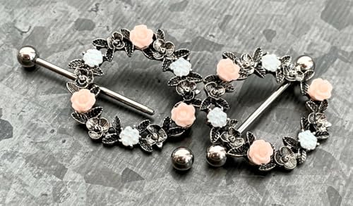 PAIR of Unique Floral Wreath 316L Surgical Steel Nipple Shields - Ring -14g - Body Jewelry - color: Gold