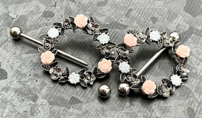 PAIR of Unique Floral Wreath 316L Surgical Steel Nipple Shields - Ring -14g - Body Jewelry - color: Gold