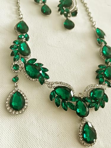 Secret for Longevity Silver Tone Antique Art Deco Vintage Retro Style Flapper Gatsby Dark Green Hunter Emerald Rhinestone Statement Wedding Bridal Prom Necklace Earring Set