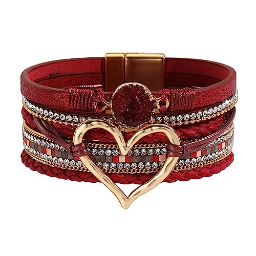 Womens Love Heart Leather Wrap Bracelet Multi-layer Stacked Bangle | Magnetic Clasp Soft PU Leather Resin Stone Rhinestone Boho Style Birthday Valentine Christmas Bohemian Jewelry Gift - color: Wine Red