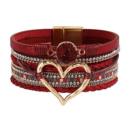 Womens Love Heart Leather Wrap Bracelet Multi-layer Stacked Bangle | Magnetic Clasp Soft PU Leather Resin Stone Rhinestone Boho Style Birthday Valentine Christmas Bohemian Jewelry Gift - color: Wine Red