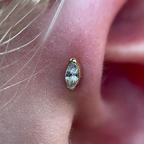 1PC Tragus Conch Helix Flat Labret Piercing Jewelry 16G 6mm 8mm - ASTM F136 Titanium Cartilage Earring Flatback Stud, Implant Grade Internally Threaded Hypoallergenic Body Jewelry (Clear CZ) - color: Clear Marquise CZ - Gold