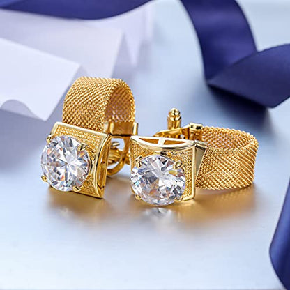 HAWSON Mens Cufflinks with Chain - Stone and Shiny Gold Tone Shirt Accessories - Party Gifts for Young Men - color: 24K Gold Color+White Crystal