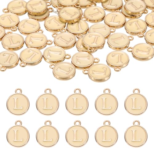 uxcell 52pcs Letter Charm, Enamel Letter Pendants, Alphabet l Pendants Double Sided Beads Charm for DIY Bracelet Necklace Pendants Earring Jewelry, Champagne Gold