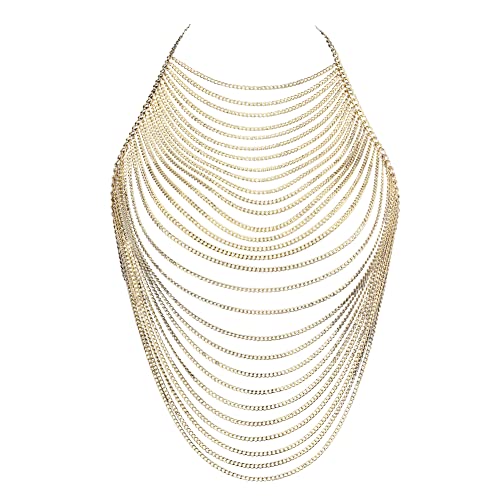 CHRAN Multi-Layer Body Chain Necklace, Gold Metal Chain Halter Top Jewelry, Sexy Chest Chain Accessory for Women - color: Golden