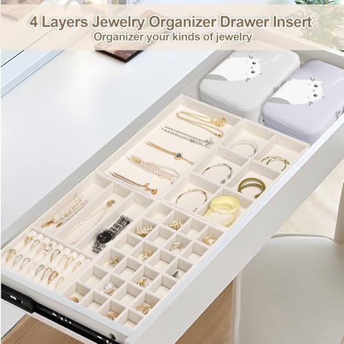 Jenseits 4 Jewelry Organizer Drawer Insert, Stackable Velvet Jewelry Tray Organizer Display Case Storage Containers, Earring Holder Necklace Watch Bracelet Accessary Ring Trays, Gift For Women (Beige)