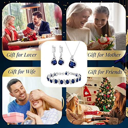 GZWHD Jewelry Set for Women Water Drop Cubic Zirconia Artificial Crystal Earrings Pendant Necklace Open Ring Tennis Bracelet Wedding Anniversary Birthday Engagement Gift for Bridesmaid Wife Girlfriend Friend - color: Blue-No Ring