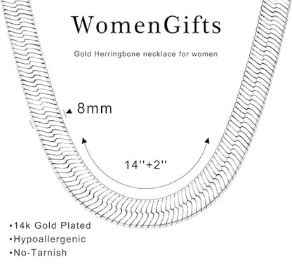 WomenGifts 14K Gold Silver Plated Herringbone Necklace for Women, Dainty Snake Chain Choker, Trendy Simple Long Layered Jewelry Non Tarnish, 3/4/5/8mm,14,16,18,20,22,24,26 Inch Thin & Chunky Options - color: Silver, style: 8mm-14inch