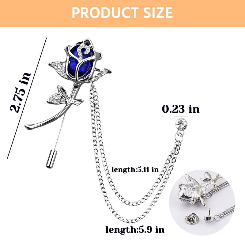 Crystal Rhinestone Flower Brooch Pin Rose Lapel Pins for Men Hanging Chain Brooch Suit Pin Mens Flower Lapel Pins for Suits - color: Blue