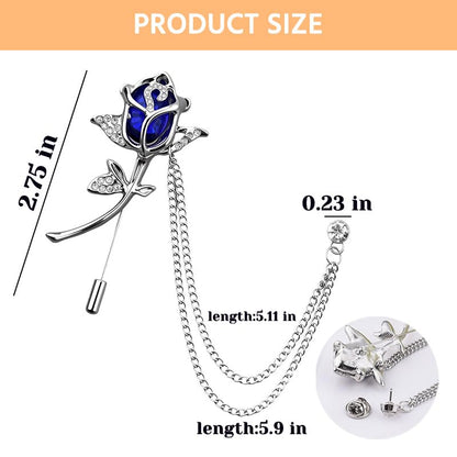 Crystal Rhinestone Flower Brooch Pin Rose Lapel Pins for Men Hanging Chain Brooch Suit Pin Mens Flower Lapel Pins for Suits - color: Blue