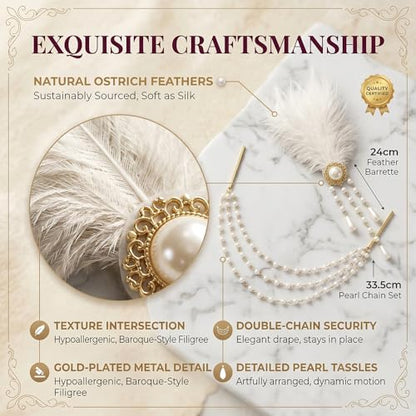 2Pcs Victorian Hair Accessories for Women, 18th Century Renaissance Queen Ostrich Feather and Pearl Tassel Barrette Clips, Marie Antoinette Blonde Beehive Costume Jewelry