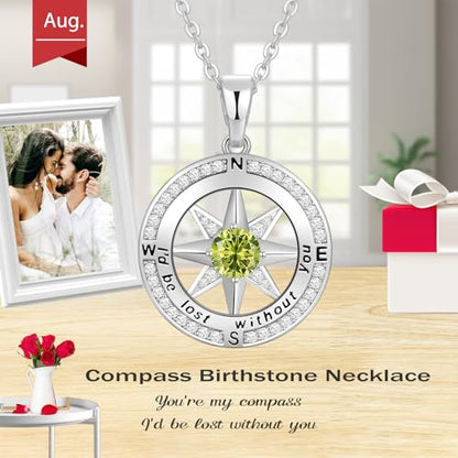 Peeshow Compass Birthstone Necklace for Women Wife, S925 Sterling Silver Gift for Wife Wedding Anniversary Birthday Gifts for Women Jewelry for Her Girlfriend I'd be Lost without You - style: 08-Aug-Peridot