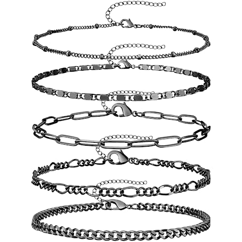 Gokeey Ankle Bracelets for Women Waterproof, 14k Gold Plated Jewelry Set Layered Cuban Figaro Link Chain Anklets Set Gold Anklets Summer Boho Beach Jewelry Gift Adjustable Size - color: Black