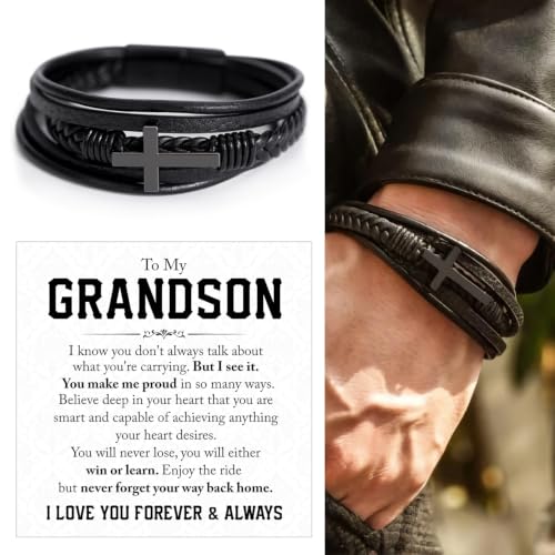 To My GrandSon Bracelet – Cross Braided Leather Bracelet, Meaningful GrandSon Gift from Grandpa & Grandma with Heartfelt Message Card & Elegant Gift Box for Birthday, Christmas, Graduation - color: Version#5
