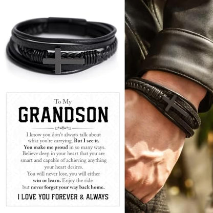To My GrandSon Bracelet – Cross Braided Leather Bracelet, Meaningful GrandSon Gift from Grandpa & Grandma with Heartfelt Message Card & Elegant Gift Box for Birthday, Christmas, Graduation - color: Version#5