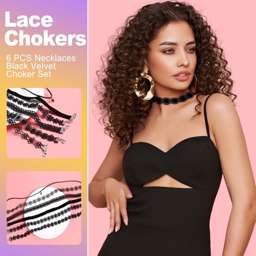 6 Pcs Black Lace Choker Set for Women Girls Goth Gothic Punk Jewelry Velvet Tattoo Cross Necklaces Emo Grunge Accessories