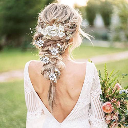 5 PCS Bridal Flower Wedding Hair Pins Crystal Pearl Hair Clips Headpiece Gold Wedding Hair Accessories Jewelry with Rhinestone for Brides Bridesmaids Women Girls Updo (Pure White Flower) - color: Flourish Flowers Series&Pure White Flower