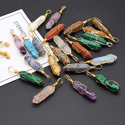 LE SKY 12 Pcs Natural Stone Pendants Hexagonal Pointed Chakra Stone Pendants Wire Knitting Crystal Beads for Jewelry Making Necklace