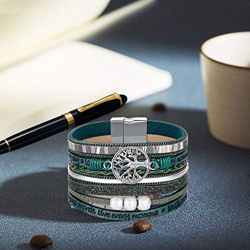 Desimtion Inspirational Tree of Life Boho Leather Wrap Bangle Bracelets for Women, Teen Girl Gifts Trendy Stuff, Fashion Accessories Jewelry Gifts for Women Girls - color: Green