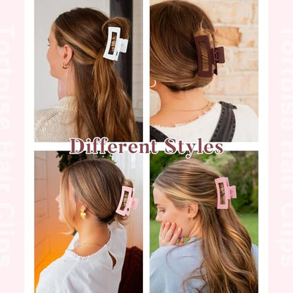 Auseibeely 6 Pcs Medium Claw Clips for Women & Girls, 3.35 Inch Square Hair Clips for Thin/Medium Hair, Strong Hold Non-Slip Banana Jaw Clips Cute Hair Accessories, Pink - color: Pink-3.35 Inch