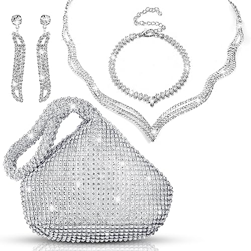 4 Pcs Silver Clutch Purse Jewelry Set for Women Rave Accessories Evening Rhinestone Purse Silver for Bride Wedding - style: Delicate Style