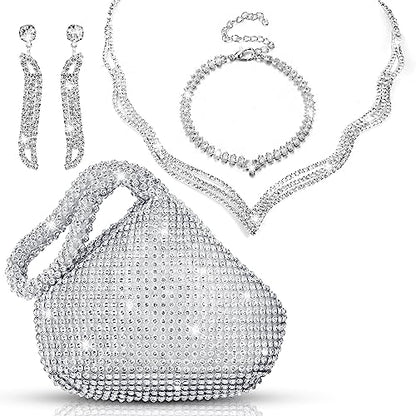 4 Pcs Silver Clutch Purse Jewelry Set for Women Rave Accessories Evening Rhinestone Purse Silver for Bride Wedding - style: Delicate Style